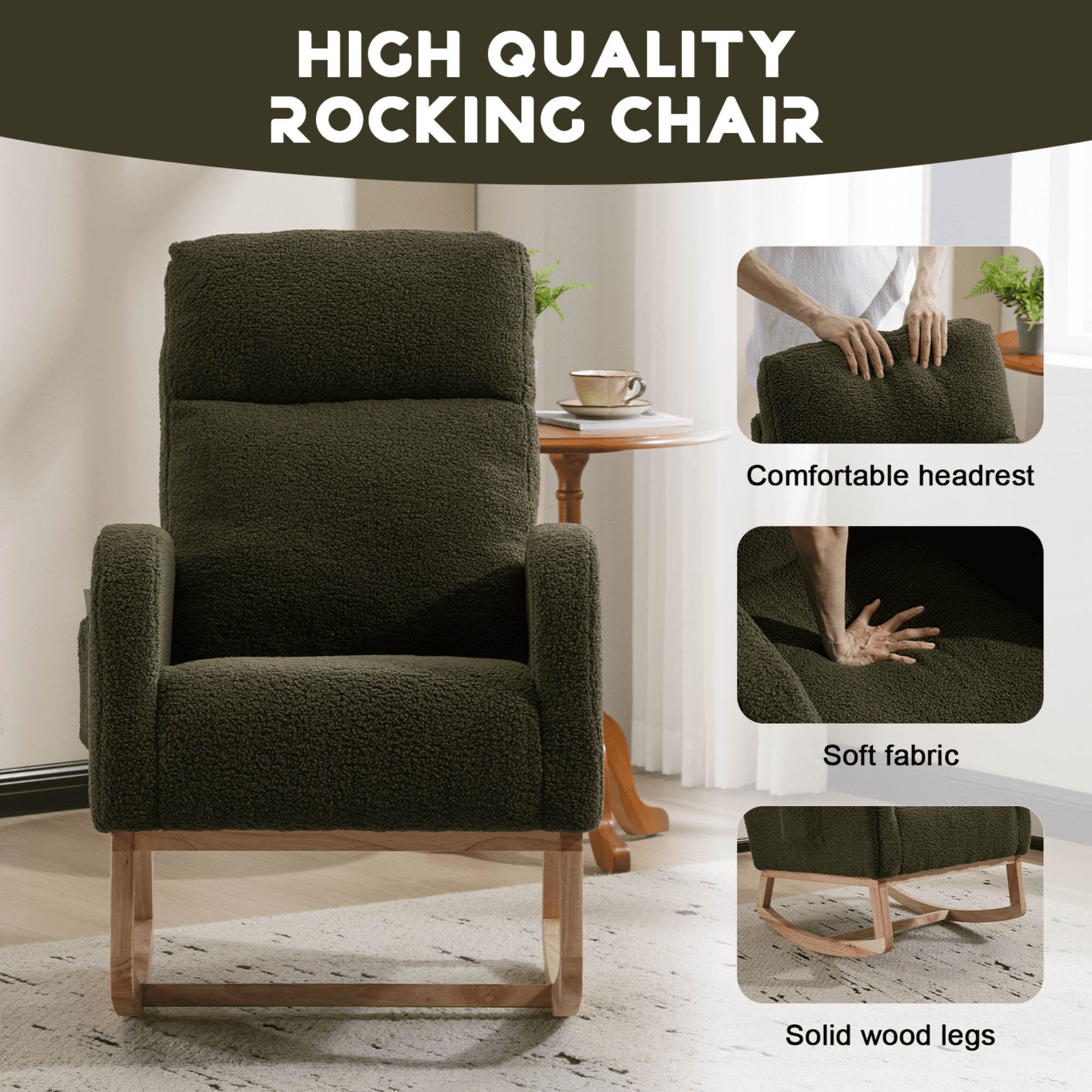 CARZZI LIFE Modern Nursery Rocking Chair, Teddy Upholstered Rocking Chair with Footrest, Comfortable Rocker Recliner with Side Pocket, Rocker Glider for Living Room, Bedroom, Nursing Room (Green)