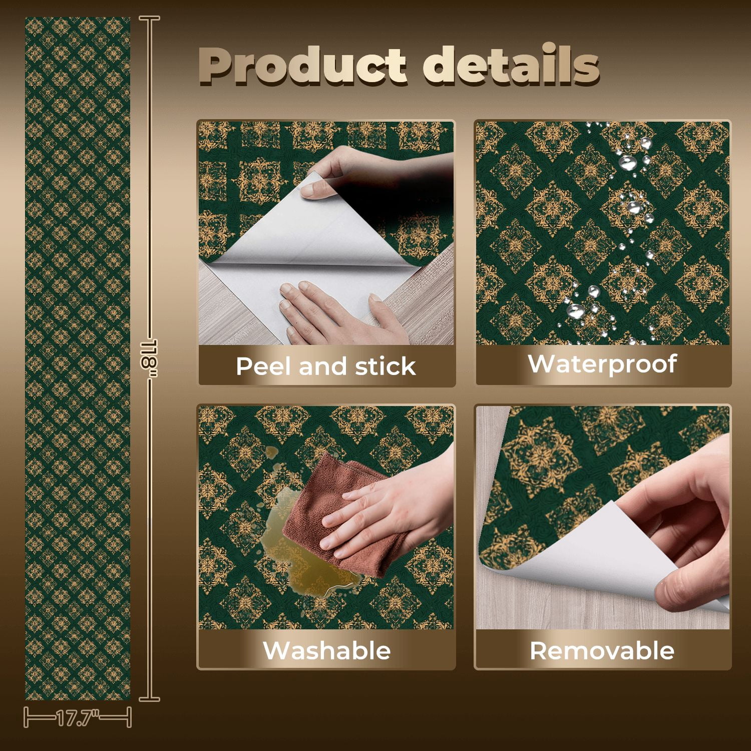 Peel and Stick Wallpaper Baroque Vintage Floral Damask Green Gold Accents Wall Mural 17.7in x 9.8ft Self Adhesive Removable Wall Paper Renter Friendly Wallpaper for Nursery Bedroom Cabinets