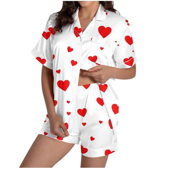 Jalioing Pajama Set for Women 2 Piece Heart Print Short Sleeve Button Down Shirt and Pajama Shorts Set Comfy Loungewear Set