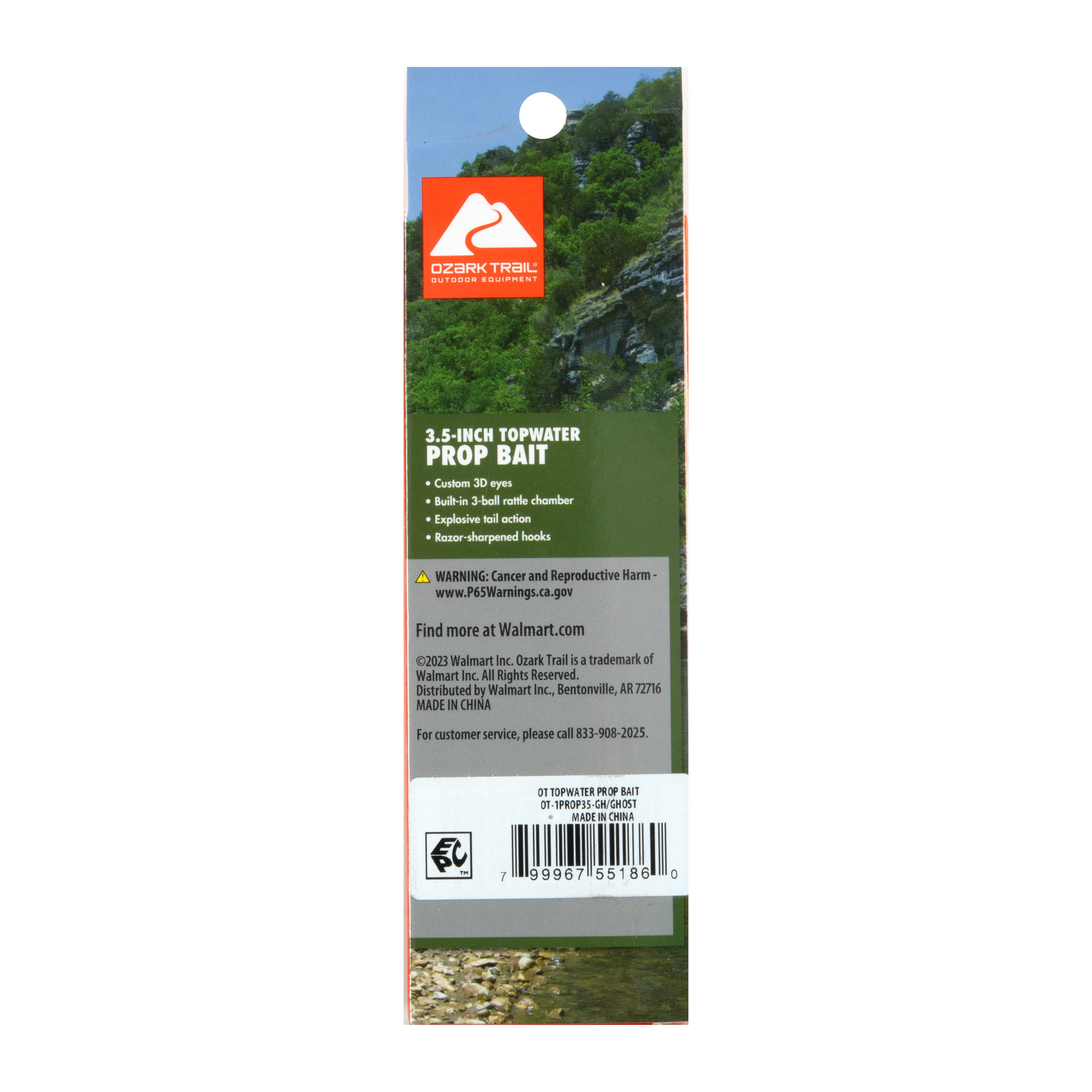 Ozark Trail 3.5" Topwater Prop Bait Fishing Lure for Bass, Pike, and Musky, Soft and Hard Plastic, Ghost Color