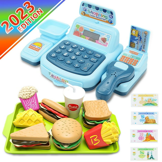 Dsseng Talking Cash Register with Lights & Sounds for Kids 3 & Up Pretend Play Set Comes with Toy Working Scanner Card Toy Food