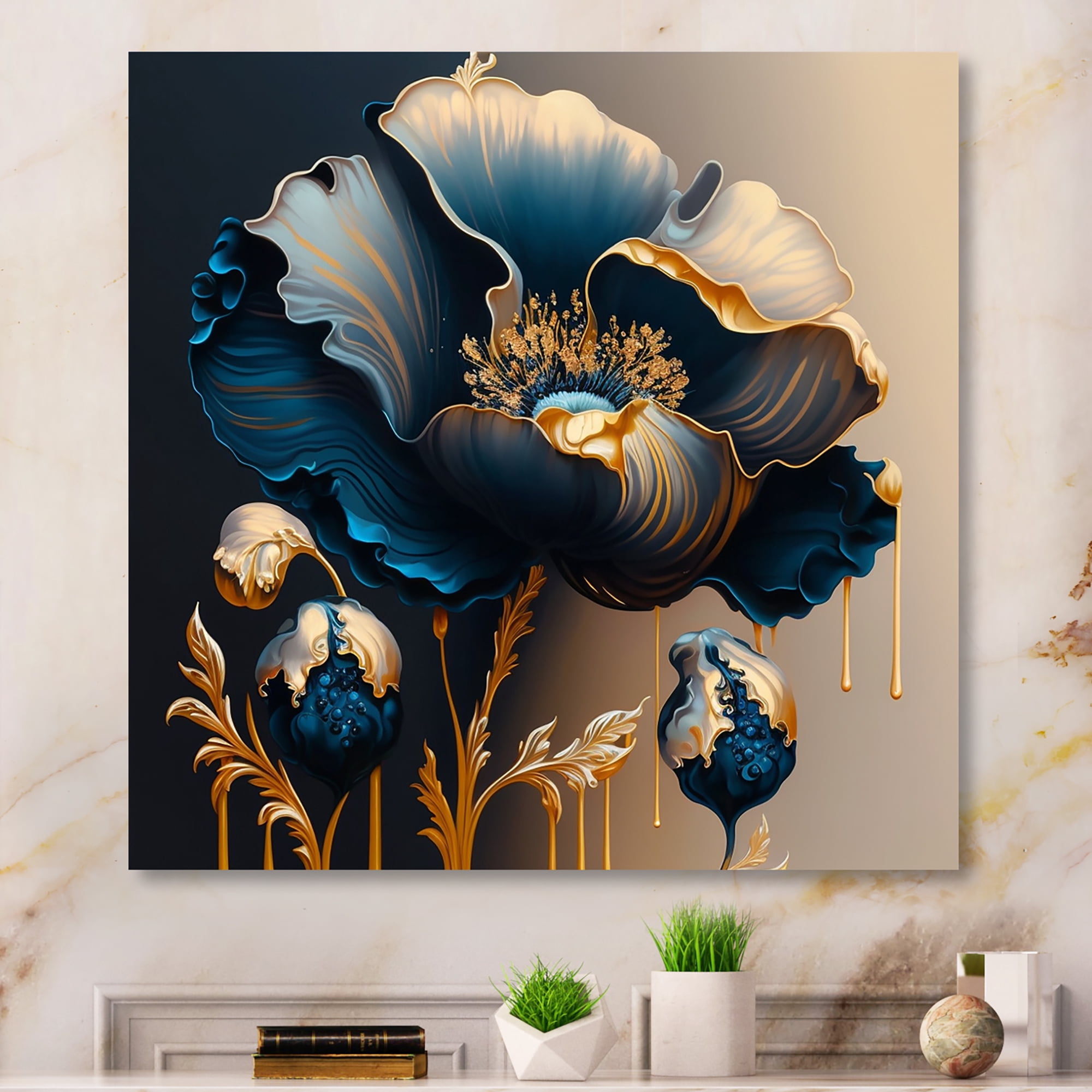 Designart Deep Blue And Gold Single Flower V Canvas Wall Art