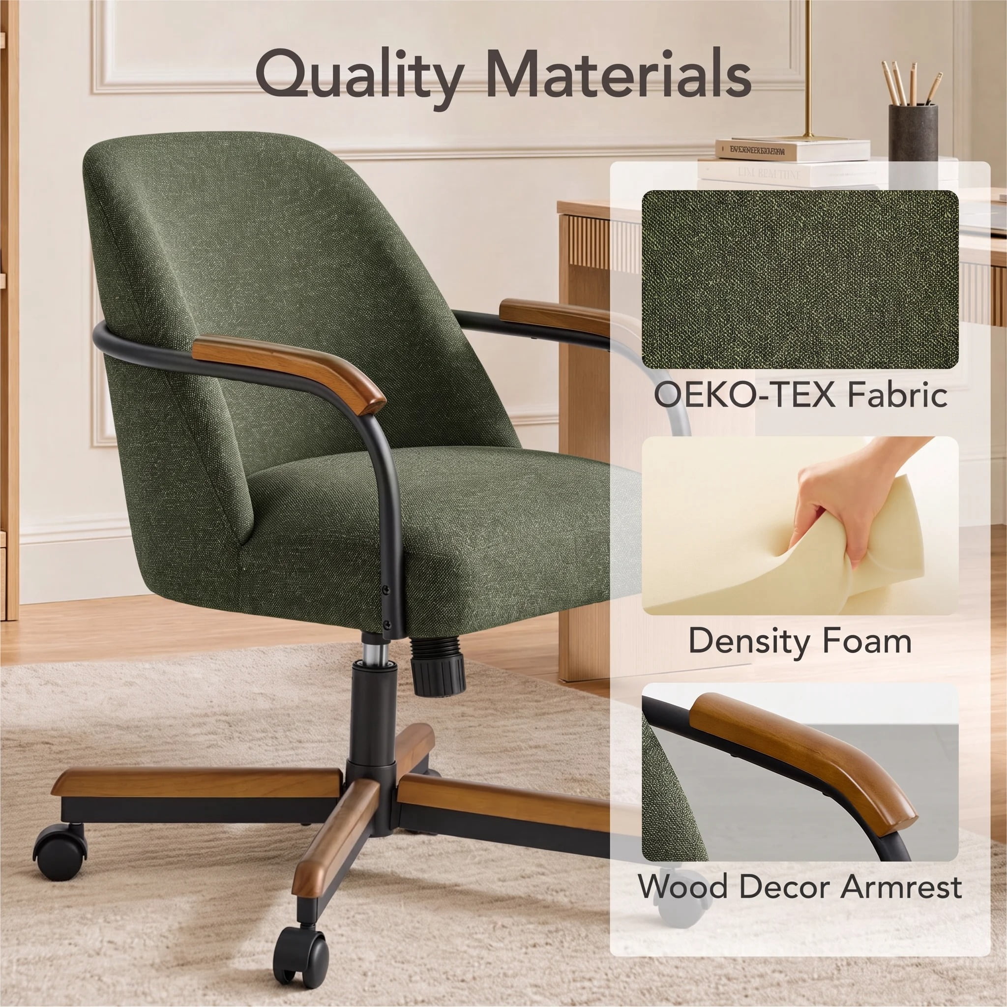 Spruce & Spring Swivel Dining Chairs Set of 2, Upholstered Tilt Chairs with Caster Wheels, Metal Frame & Wood Accents, for Dining Room, Kitchen & Home Office, Green Fabric