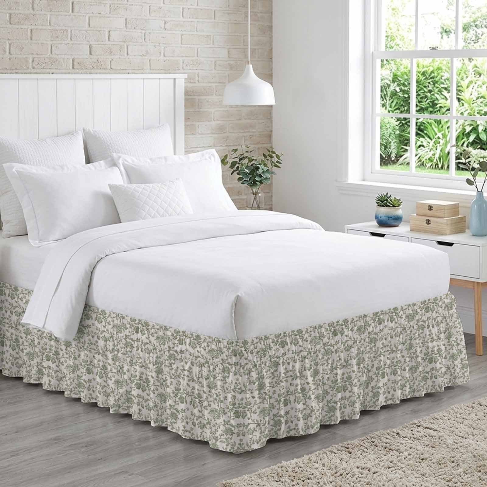 Spring Flowers Bed Skirt Queen Size,Farmhouse Sage Green Pastoral Floral Leaf Wrap Around Bed Skirting with Adjustable Elastic Strap,Dust Ruffle Pleated Bedskirts 18 Inch Drop for Bedroom Queen Beds