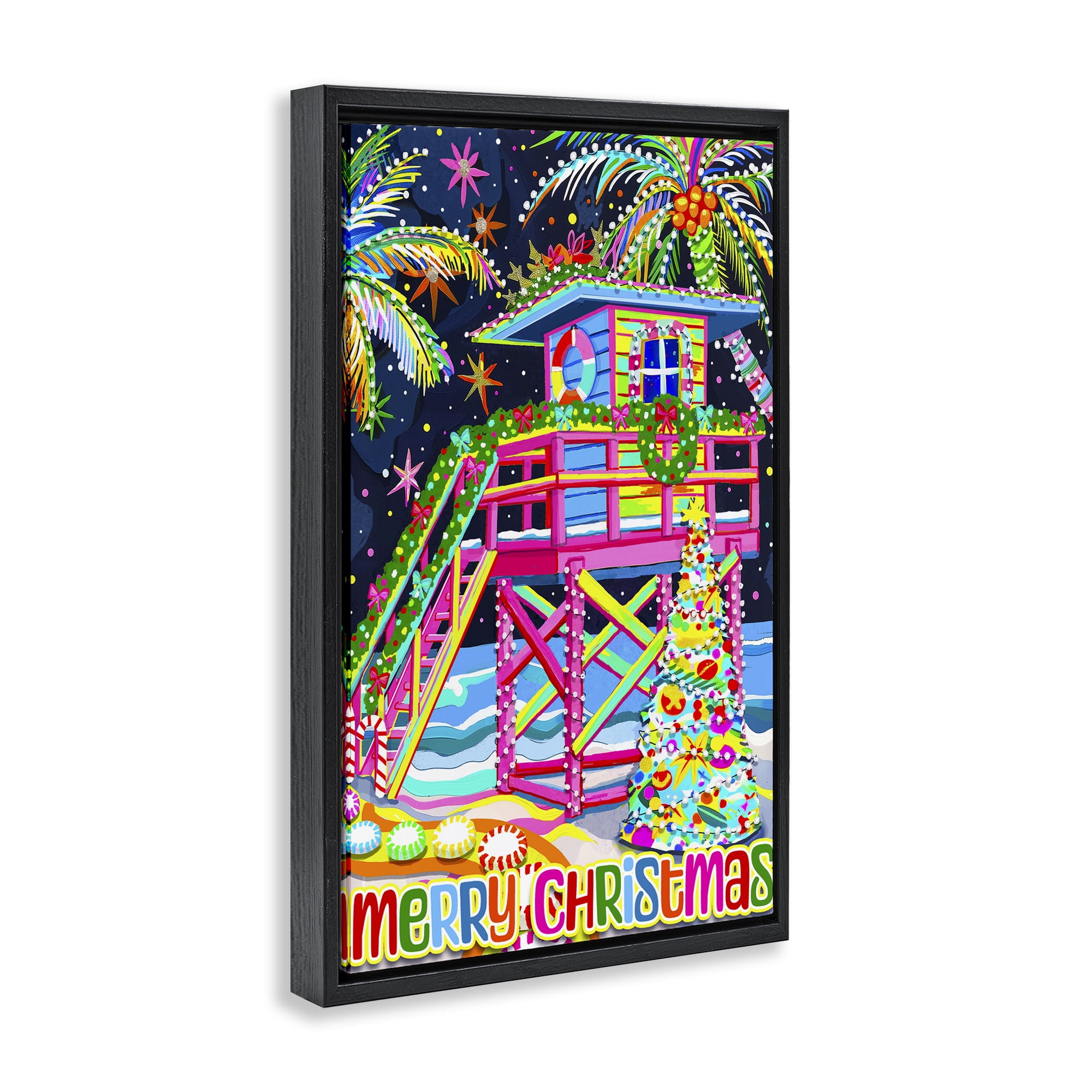 Stupell Industries Whimsical Seaside Christmas Holiday Painting Black Floater Framed Canvas Art Prints Wall Art, 17 x 25