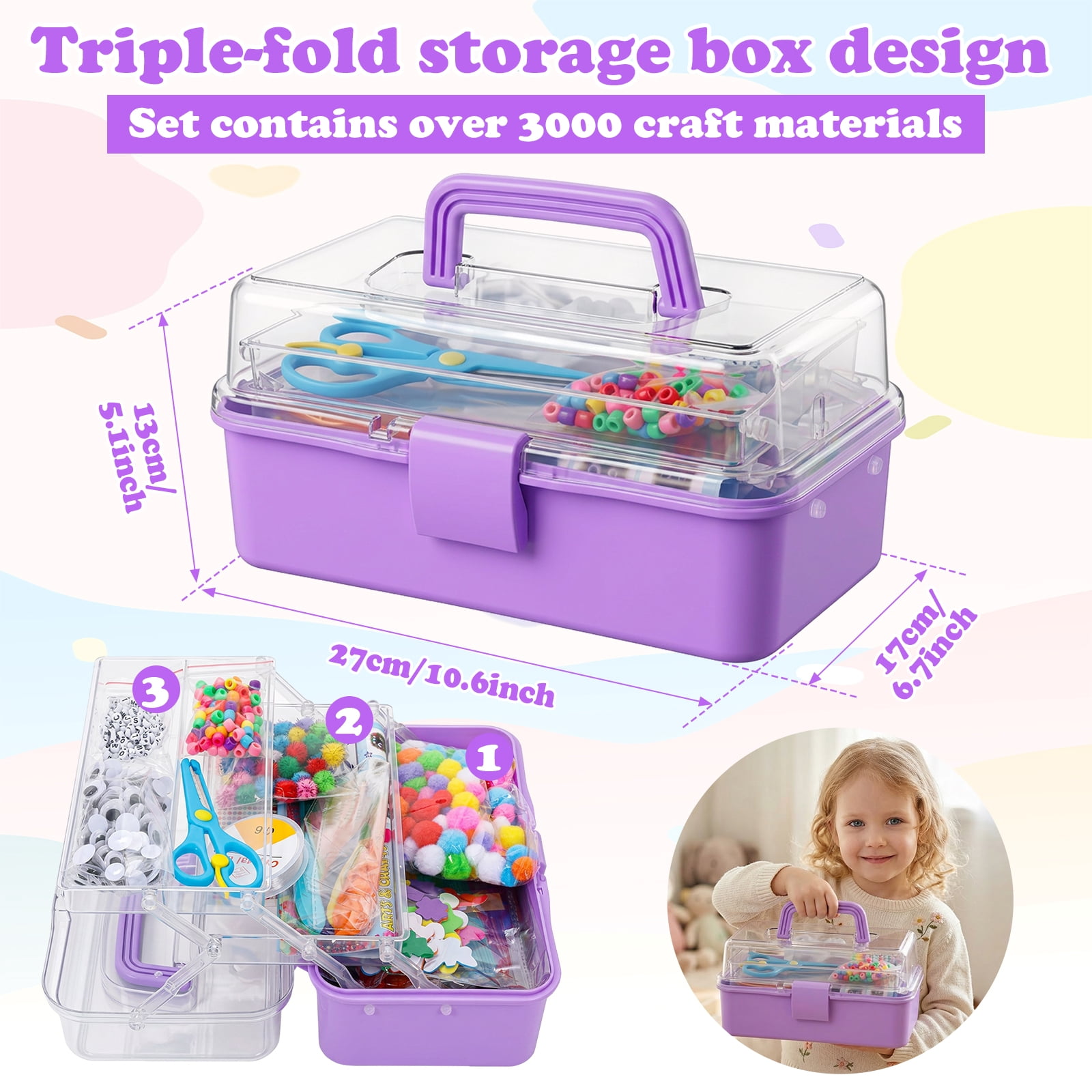 3000PCS Arts and Crafts Supplies for Kids DIY Craft Kits Art Supplies Materials Kids Crafts Set with Pipe Cleaners Craft Box Preschool Homeschool Toys Gift for Boys and Girls Age(Purple)