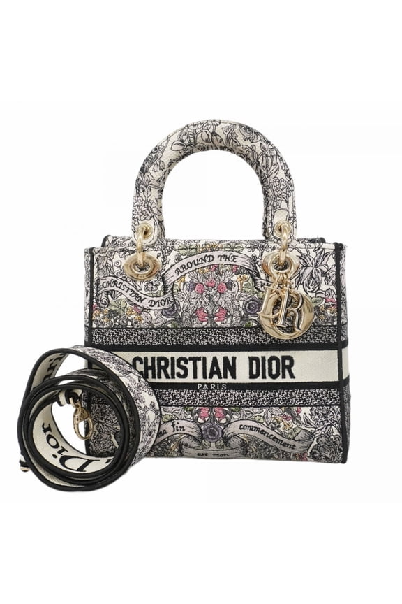 Pre-Owned Christian Dior Lady D-Light Canvas Handbag in Black, Multicolor, White, and...