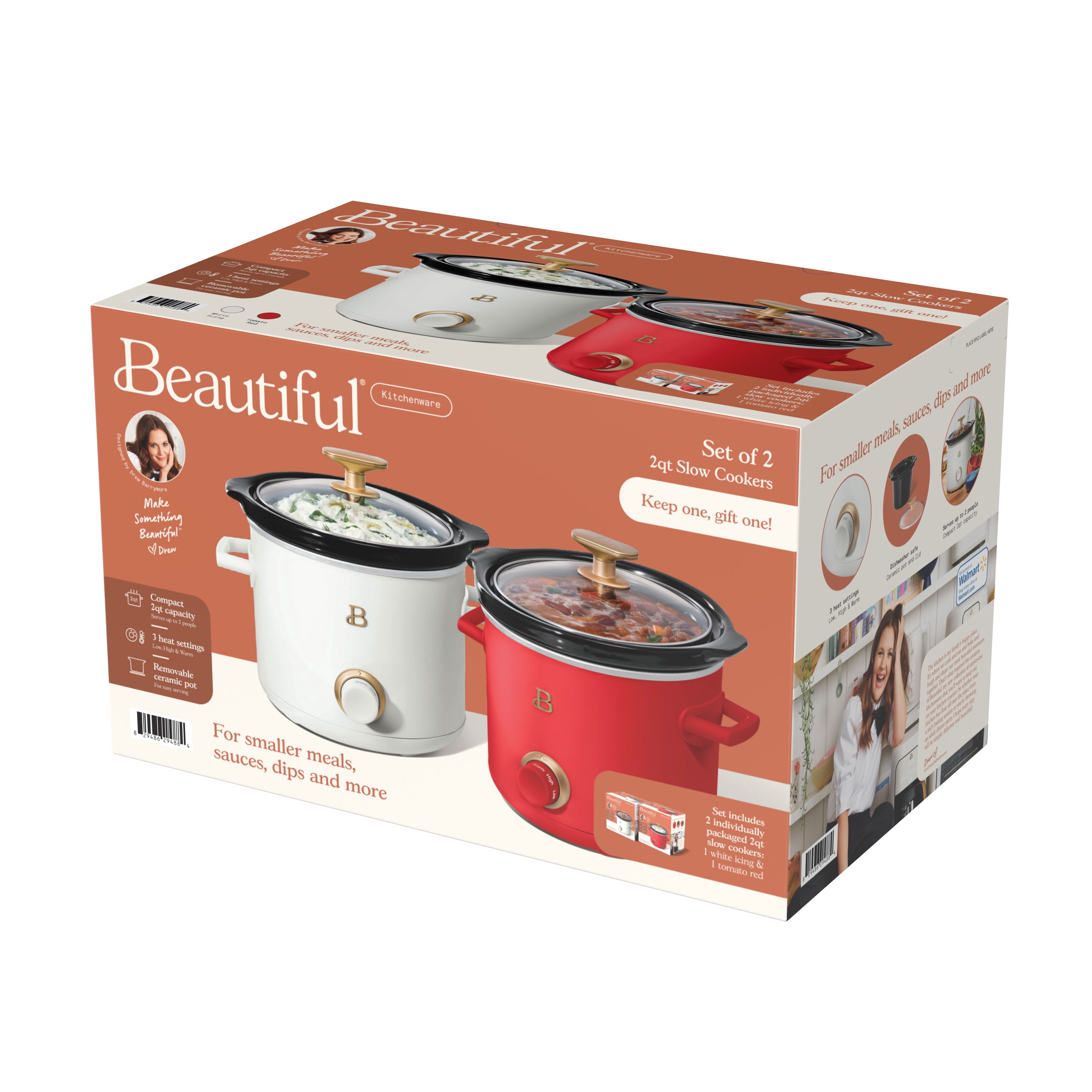 Beautiful 2 Qt Manual Slow Cooker, 2-Pack, Tomato Red + White Icing by Drew Barrymore