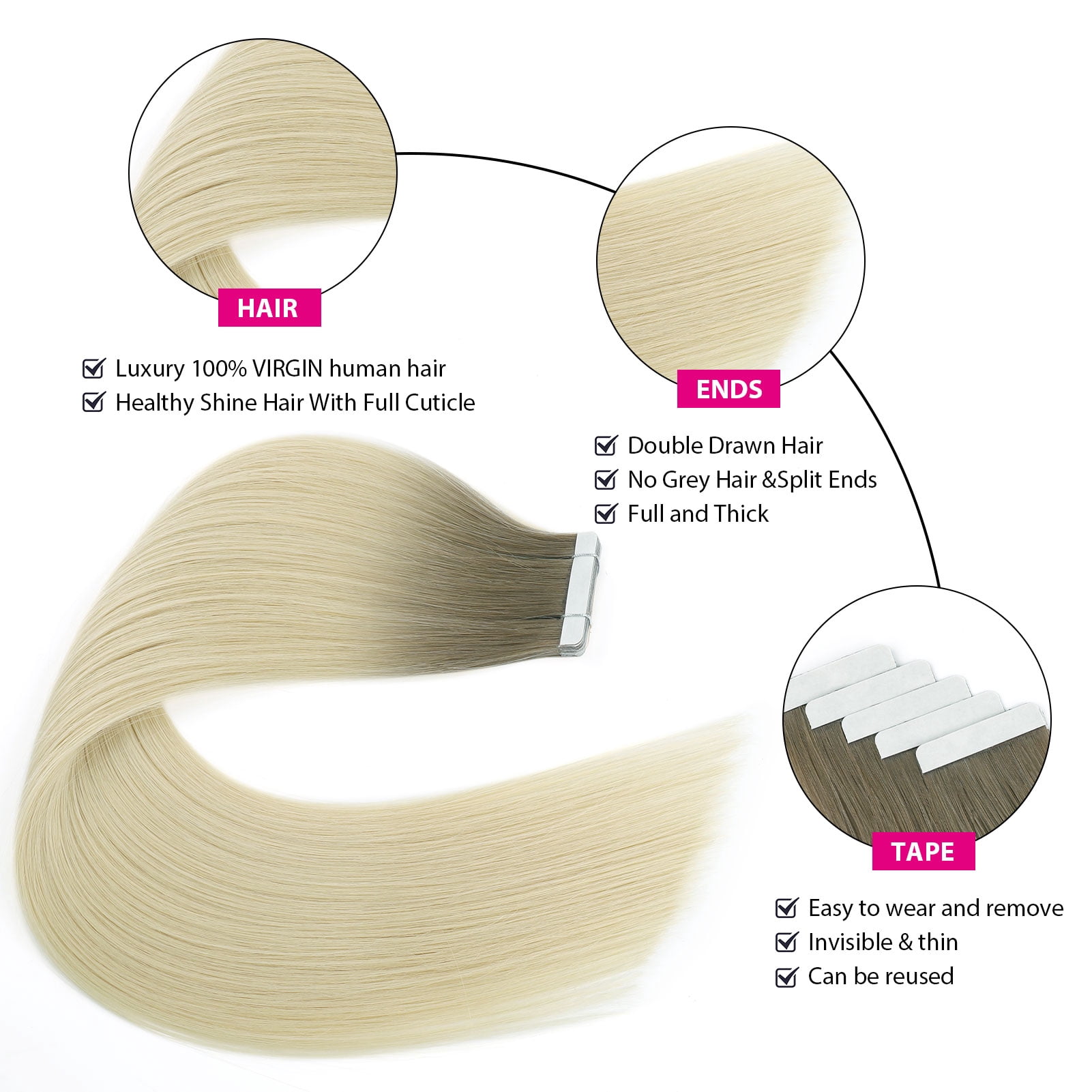 Sassina Tape-In Hair Extensions 100% Human Hair Rooted R3/60# 18 Inch 20pcs 50g