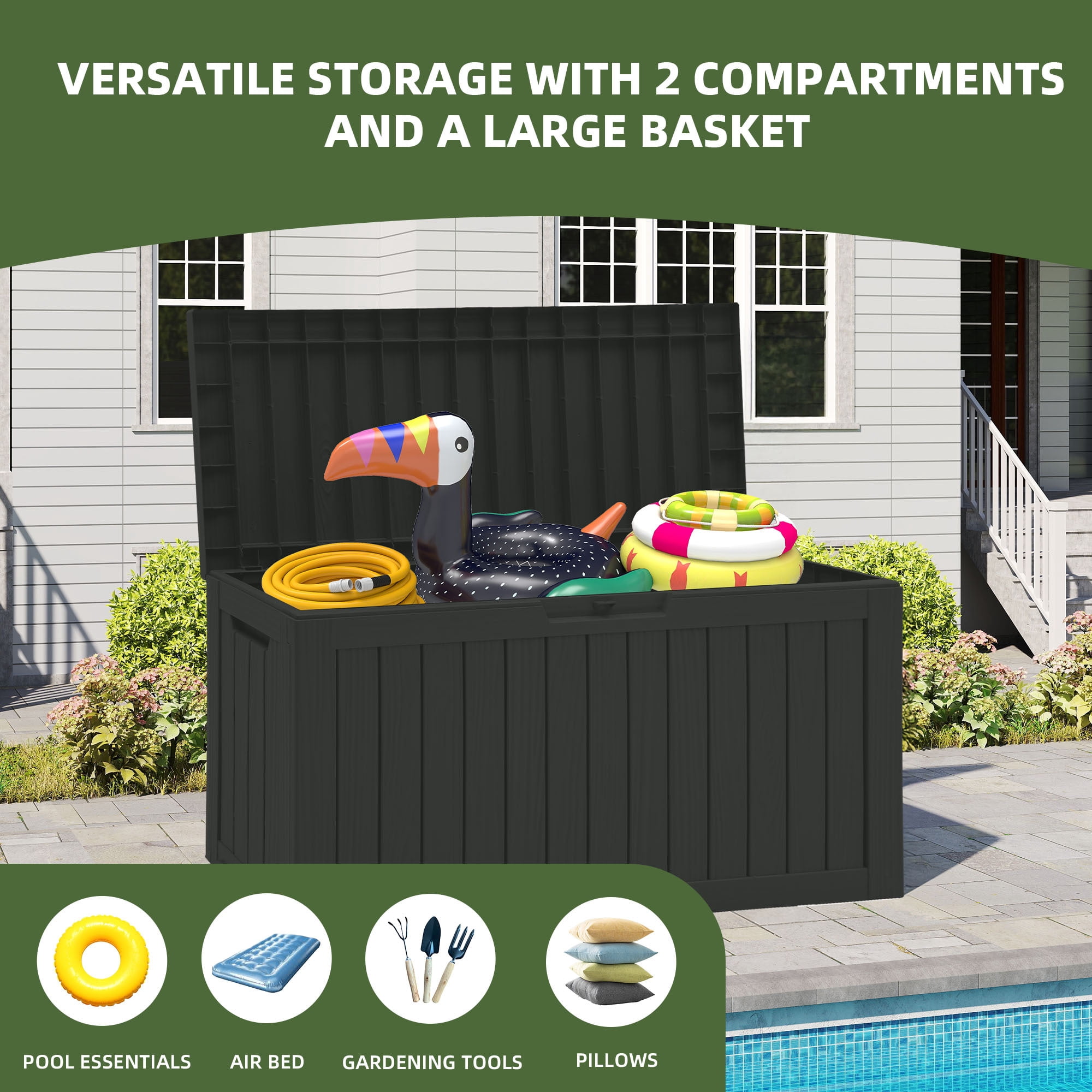 Uforic 72 Gallon Outdoor Resin Storage Box with Wheels, Patio Deck Box for Indoor & Outdoor Use, Ideal for Throw Pillows, Sports Gear & Yard Supplies, Black
