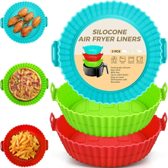 3 Pack Air Fryer Silicone Liners 8 Inch, Reusable Silicone Pot for Air Fryer, Non-Stick Baking Basket Accessories, Eco-Friendly Replacement for Disposable Parchment Paper