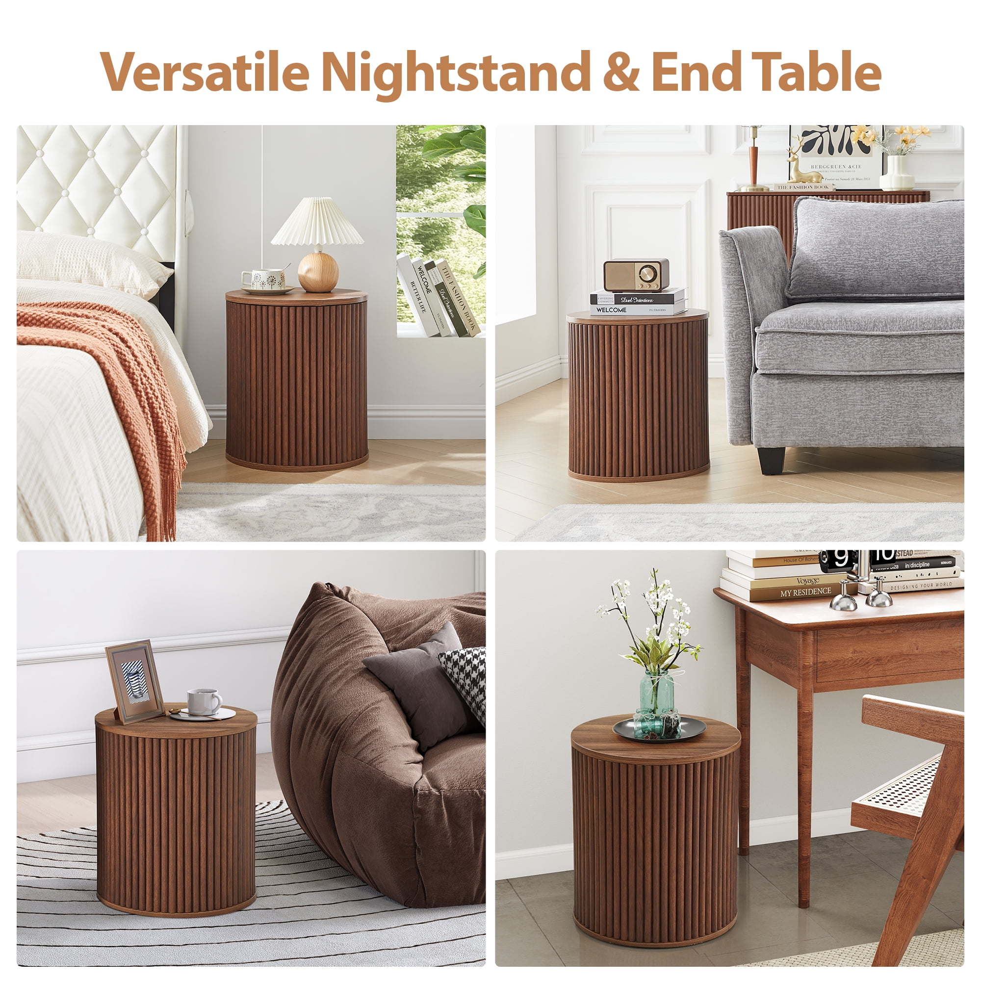 Wirrytor Round Side Table for living room, Fluted End Table for Small Spaces, Mid Century Modern Small Accent Tables, Bedside Table, Couch Side Table, Nightstand for Bedroom Couch,Walnut