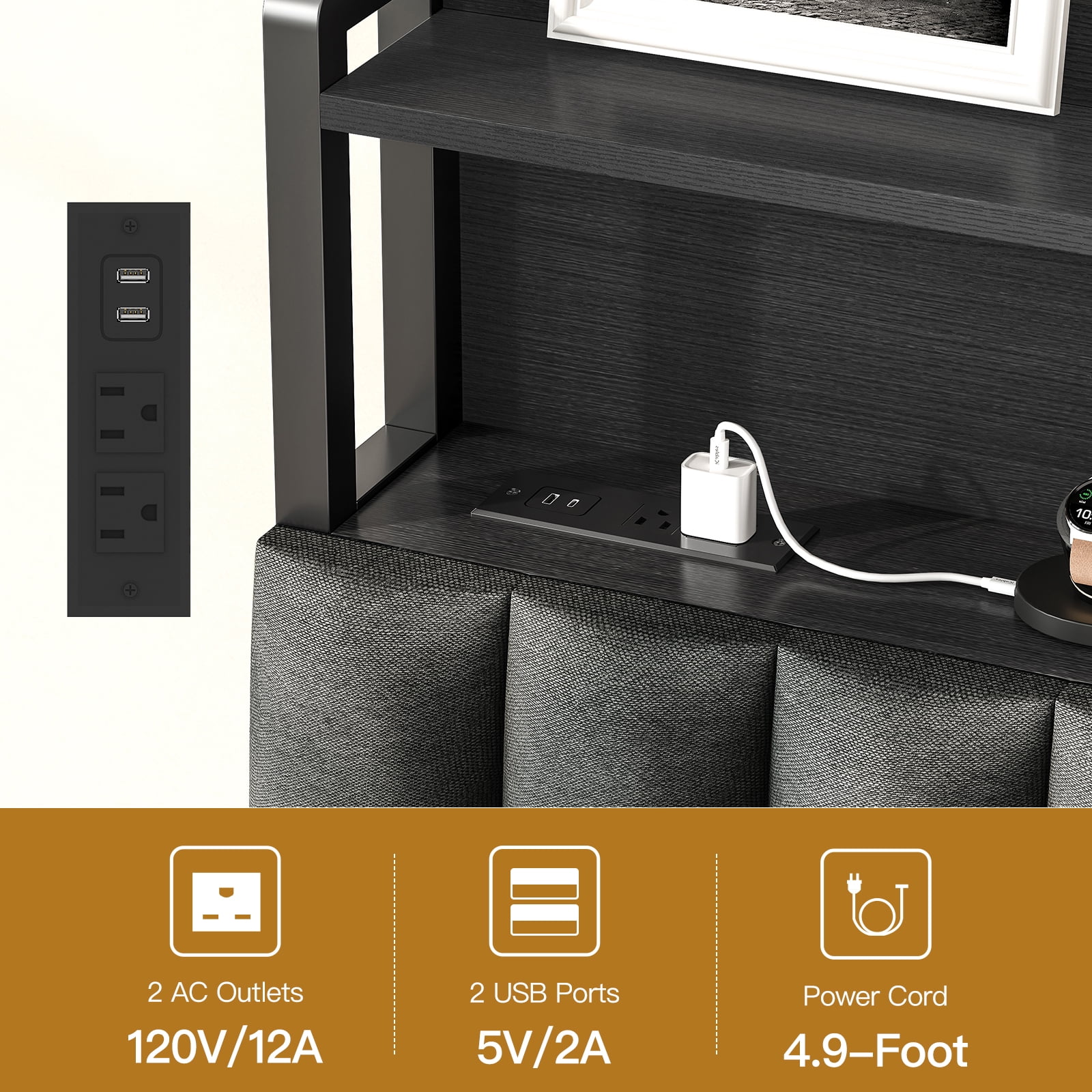 Queen Bed Frame with Charging Station & LED Lights, Bed Frame Queen Size with 4 Storage Drawers, Upholstered Headboard with Shelves, Black, Noise Free