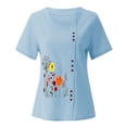 thumbnail image 4 of T Shirts For Women Womens Tops Cotton Linen Tops For Crewneck Roll Up Short Sleeve Tshirt Trendy Floral Print Casual Loose Fitted Blouse, 4 of 5
