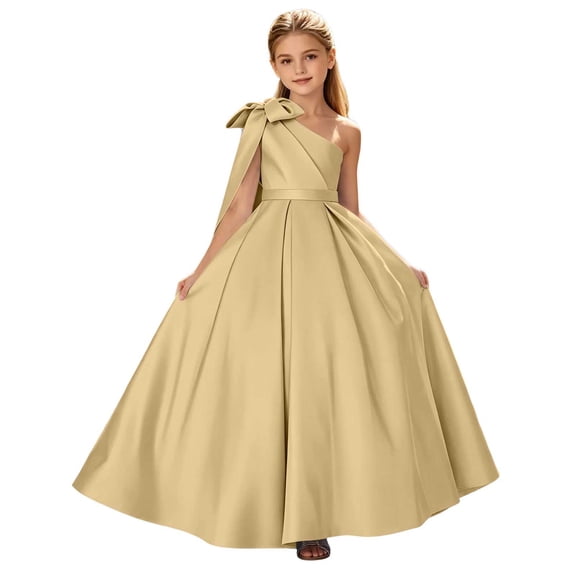 Zpanxa Girls Dresses, Kid's Bow Party Dress Solid Sleeveless Casual Dresses Gold 12 Years