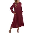 thumbnail image 2 of Xdegoge Elegant Modest Dress for Women Midi Pleated Crewneck Long Sleeve Summer Sundress Solid Color with Pockets Flowy Flattering Formal Office Church Wedding Guest Party Wear, 2 of 8