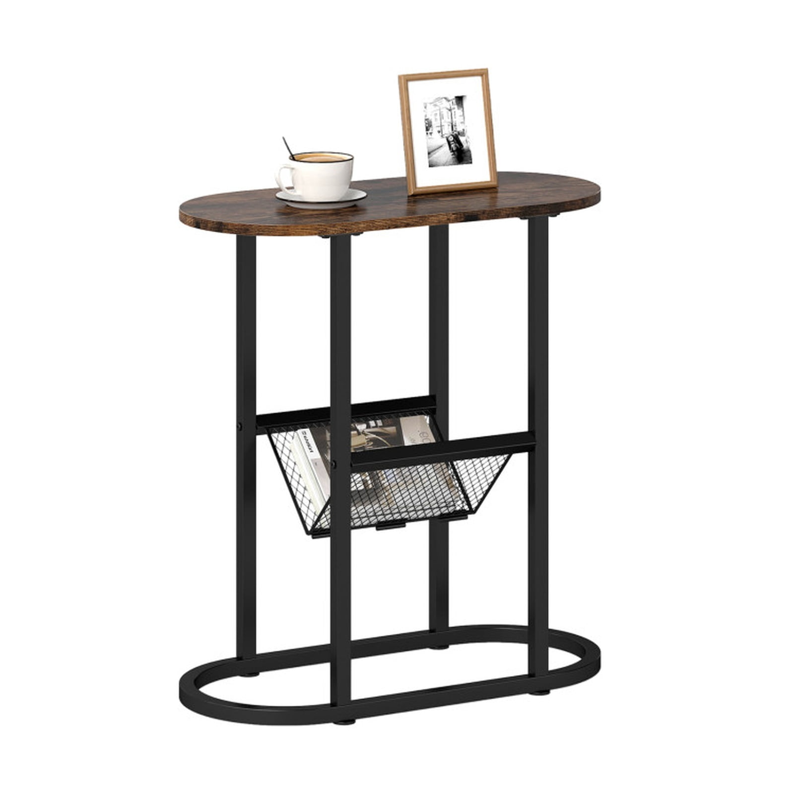 Furnibear Narrow Oval End Table with Mesh Storage Shelf and Steel Frame for Small Spaces Bedside and Sofa Living Room, Rustic Brown