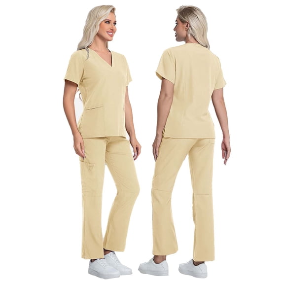 Bosfbaoi Women Nursing Uniform Sets 2 Piece Scrub Set V-Neck Short Sleeve Top Straight Leg Pants Multi-pocket Medical Uniform Sets