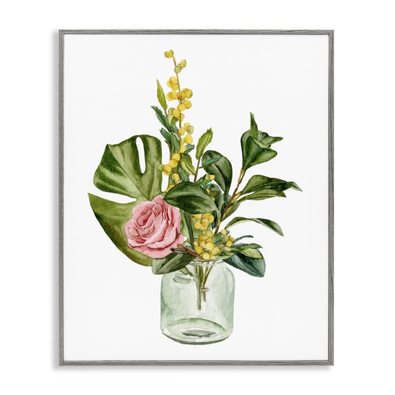 Stupell Industries French Country Pink Rose Yellow Botanical Bouquet Glass Jar Watercolor Gray Framed Giclee Art, 16 x 20, by Melissa Wang
