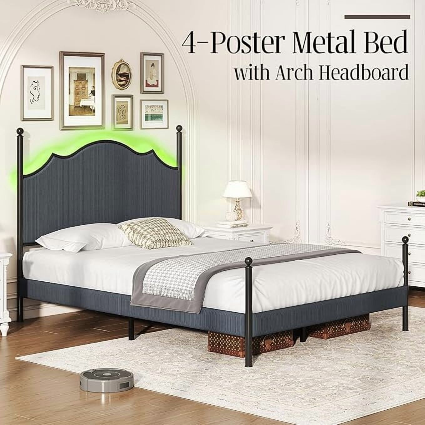 VanAcc Queen Bed Frame with LED Light & Arch Headboard, Modern Corduroy Upholstered Platform Bed with Metal Poster, Easy Assembly, Dark Gray