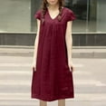 thumbnail image 3 of Bigersell Strapless Dress Fashion Women Summer Casual V-Neck Solid Short Sleeve Cotton Linen Dress Cute Dresses for Teen Girls Women Boho Dresses, Style 20391, Wine XXL, 3 of 8