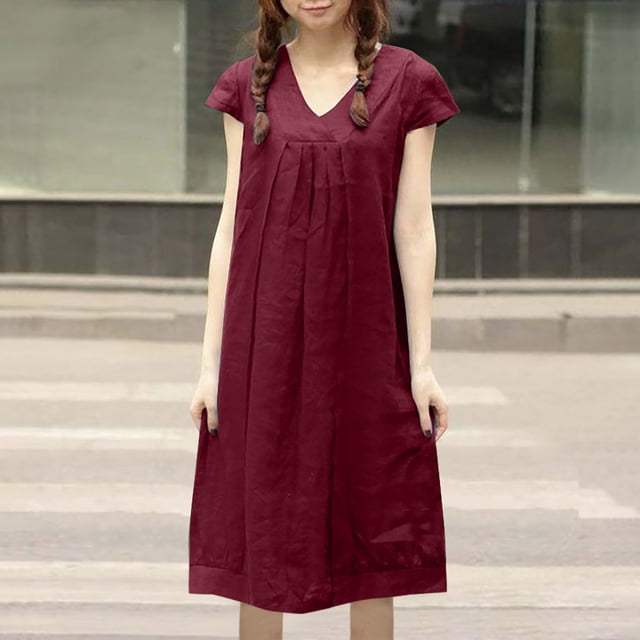 Robes d'Été Décontractées pour Femmes Col en V Manches Courtes Robe en Coton et Lin Couleur Unie Ample Cache la Graisse du Ventre Robe Midi