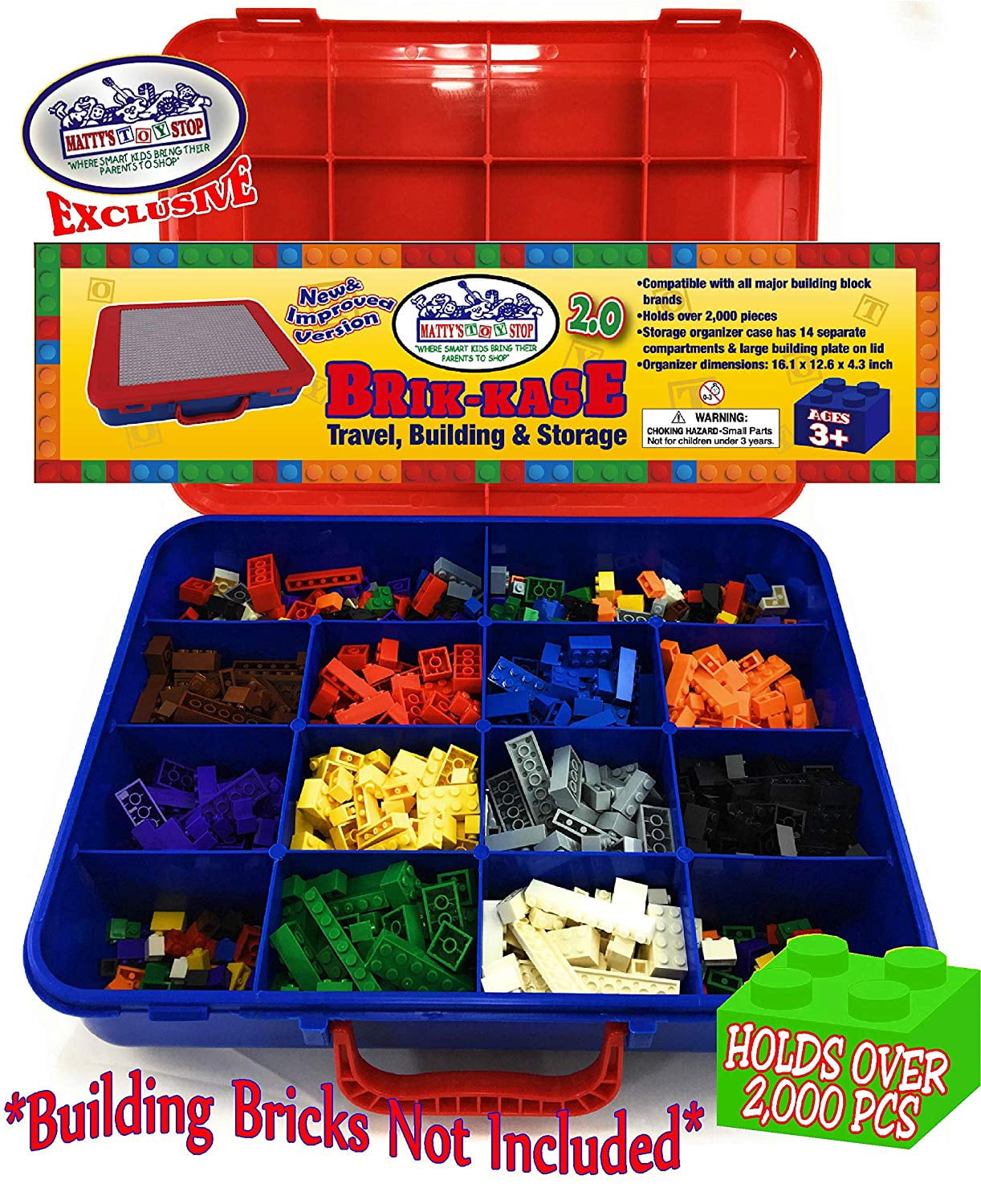 Matty's Toy Stop Brik-Kase 2.0 Travel, Building, Storage & Organizer Container Case with Building Plate Lid (Holds Approx 2000pcs) - Compatible with All Major Brands (Blue, Red & Gray) New Improved
