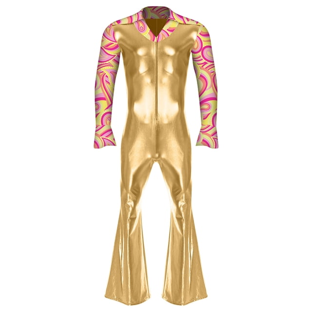 Alvivi 70s Outfit for Men Vintage Retro Disco Hippie Rompers Star Singer Dance Jumpsuit Gold 4XL