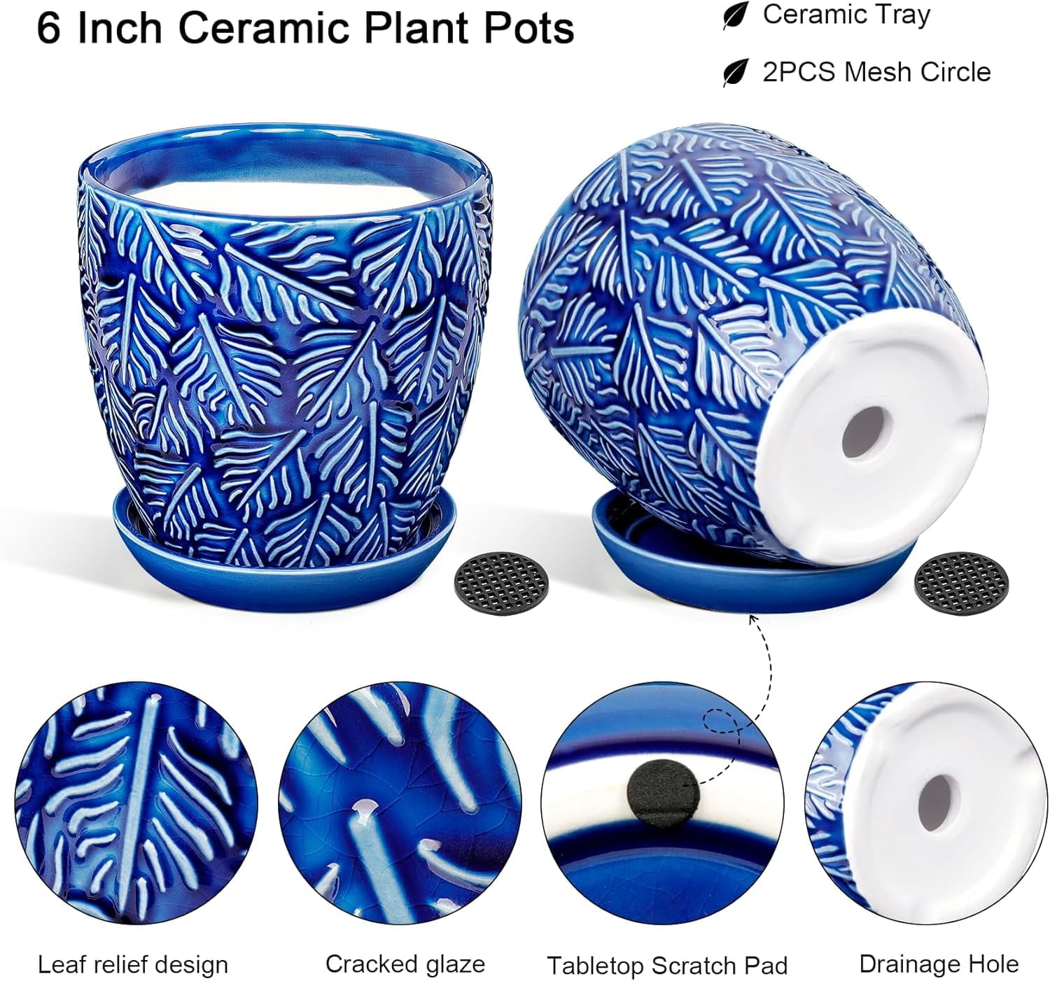 BUYMAX Ceramic Plant Pots, 6 inch Indoor Plant pots with Drainage Hole and Saucer, Flower Pots, Set of 2, Leaf Embossed - Blue Glaze