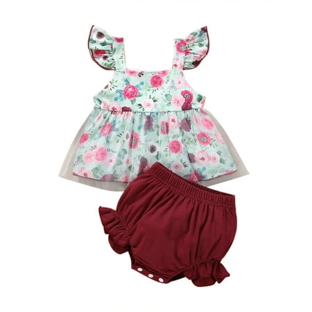 

Genuiskids 2Pcs Infant Baby Girls Summer Outfit Floral Print Frill Sleeveless Tulle Tutu Tank Tops + Elastic Waist Snaps Shorts Romper Outfits