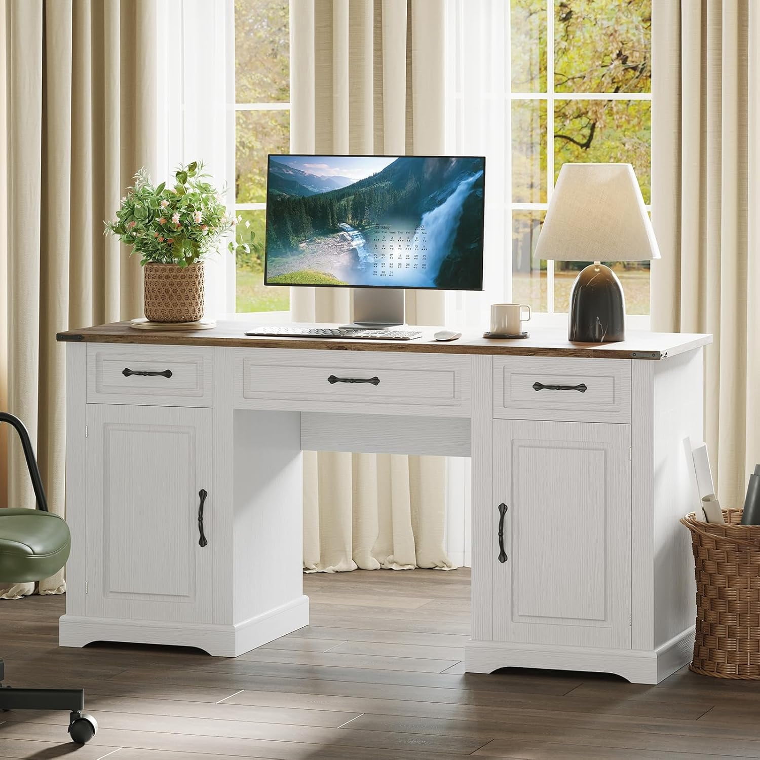 60" Farmhouse Executive Desk Computer Desks with Drawers and Cabinet Wood Workstation Computer Desks for Study and Home Office