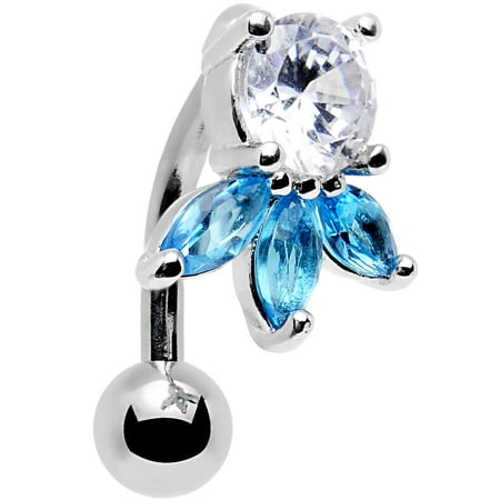 Clear Belly Barbell - Body Candy Stainless Steel Barbell Clear and Brilliant Blue Accent Flower Flip Reversible Belly Ring