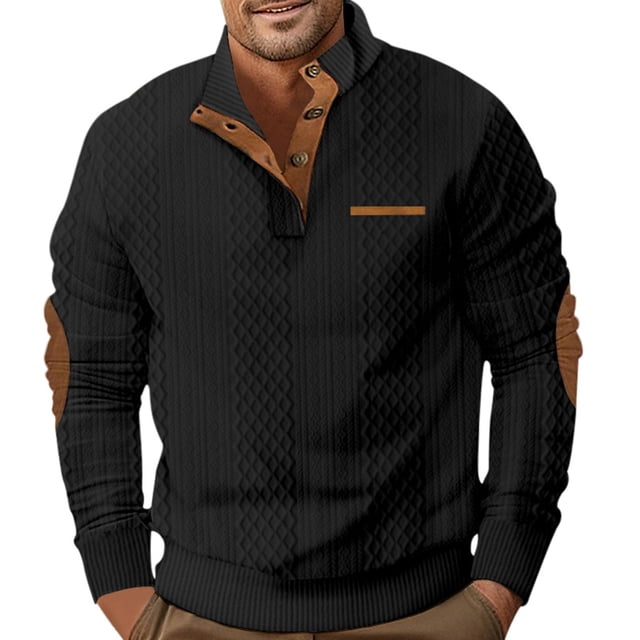 Men's Fashion Casual Hoodless Sweatshirt Long Sleeve Stand Button Comfortable Relaxed Solid Color Pullover