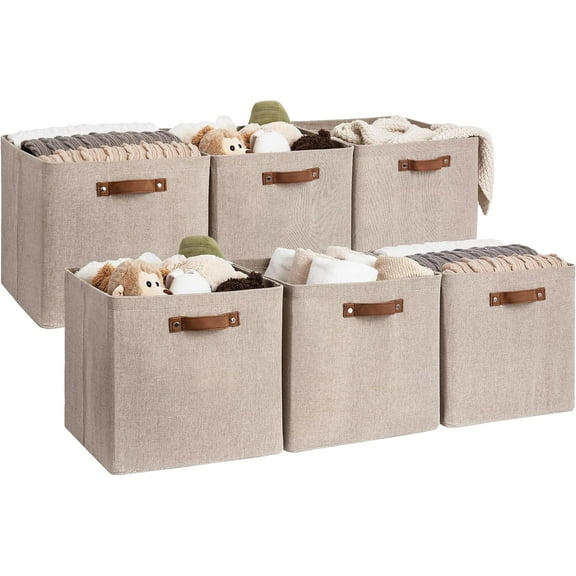 13x13 Inches Storage Cube, Fabric Storage Bins with PU Handles, Collapsible Organizer Baskets for Closet, Brown and Beige, 6-Pack