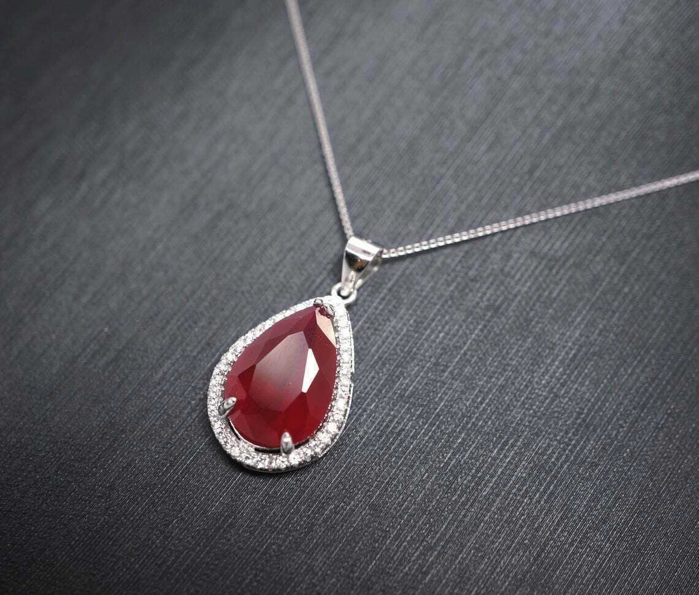 Large Teardrop Red Ruby Necklace - Sterling Silver Red