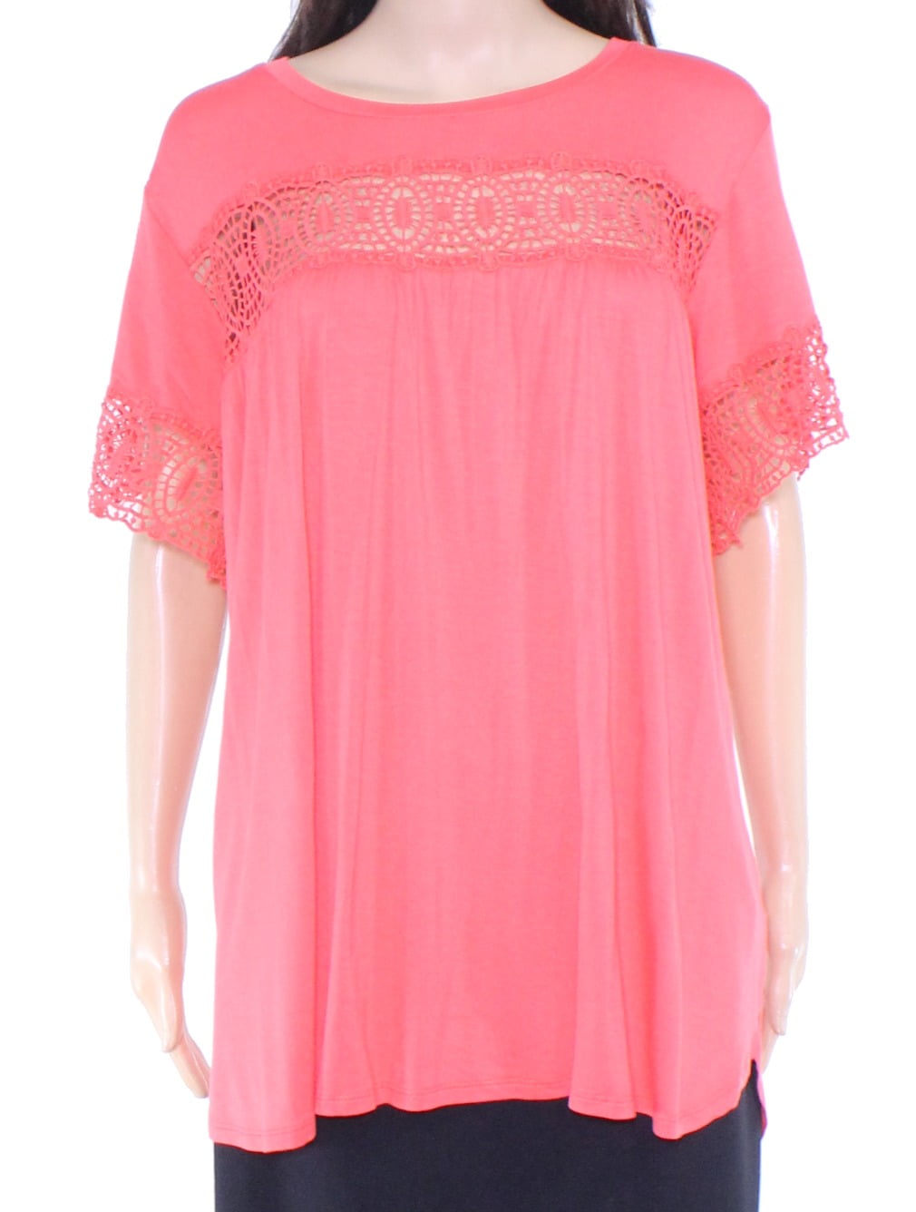 Cupio Womens Top Coral Plus Short Sleeve Crochet Stretch 1X