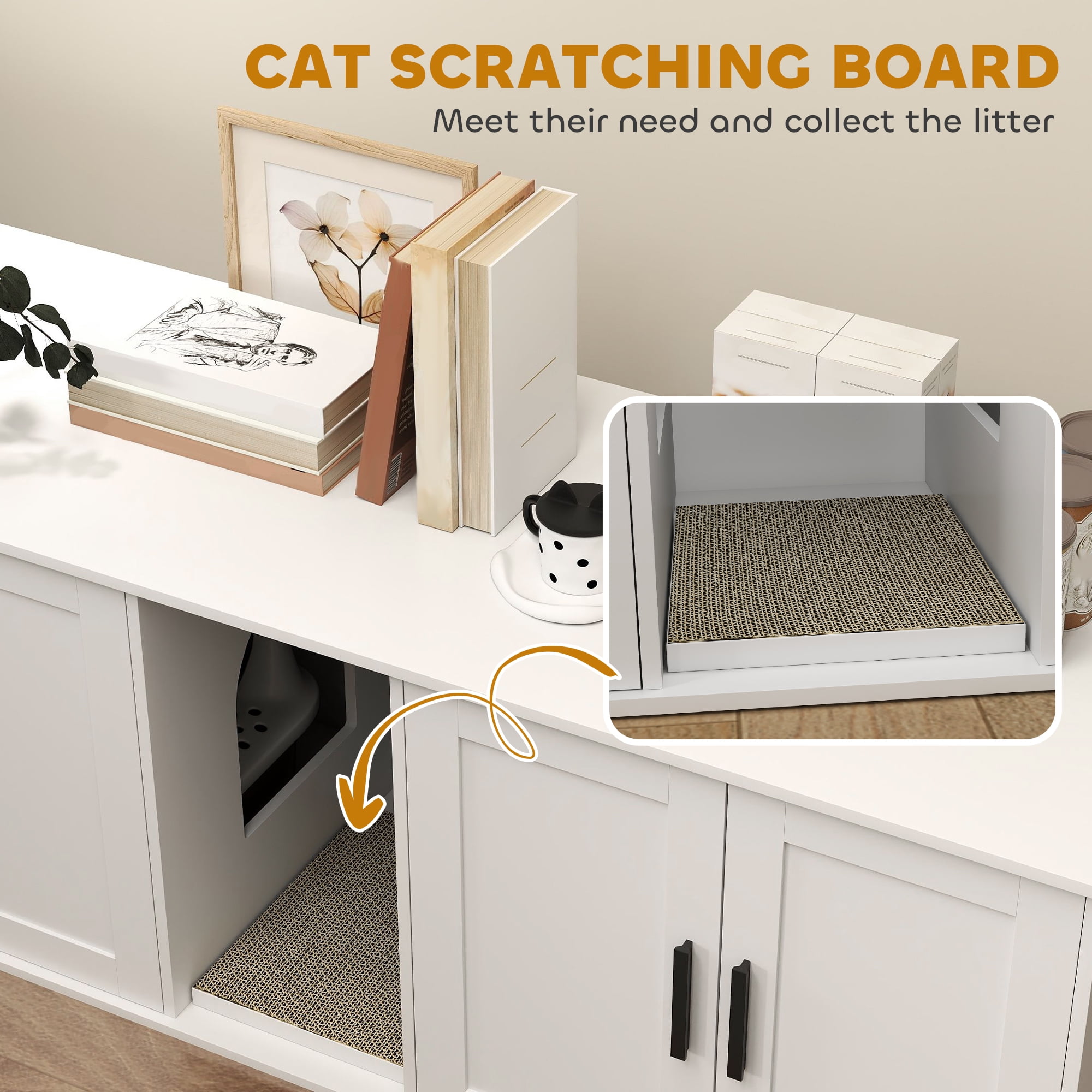 PawHut Cat Litter Box Enclosure for 2 Cats, Cat Washroom Furniture with Double Room, Scratching Mat, 57" x 19" x 20", White
