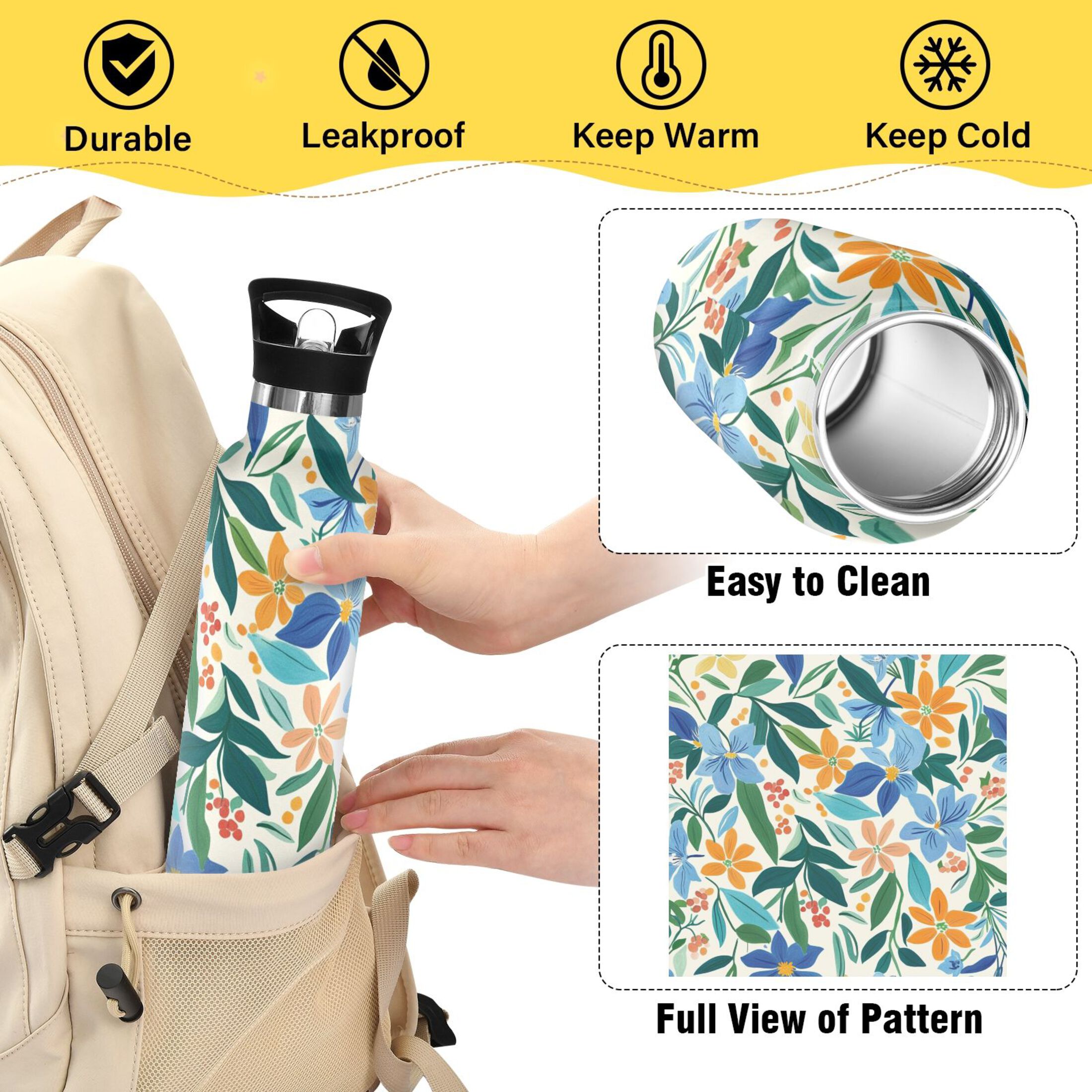 Kids Insulated Stainless Steel Sports Water Bottle 600ml (20oz) Various Color Flowers