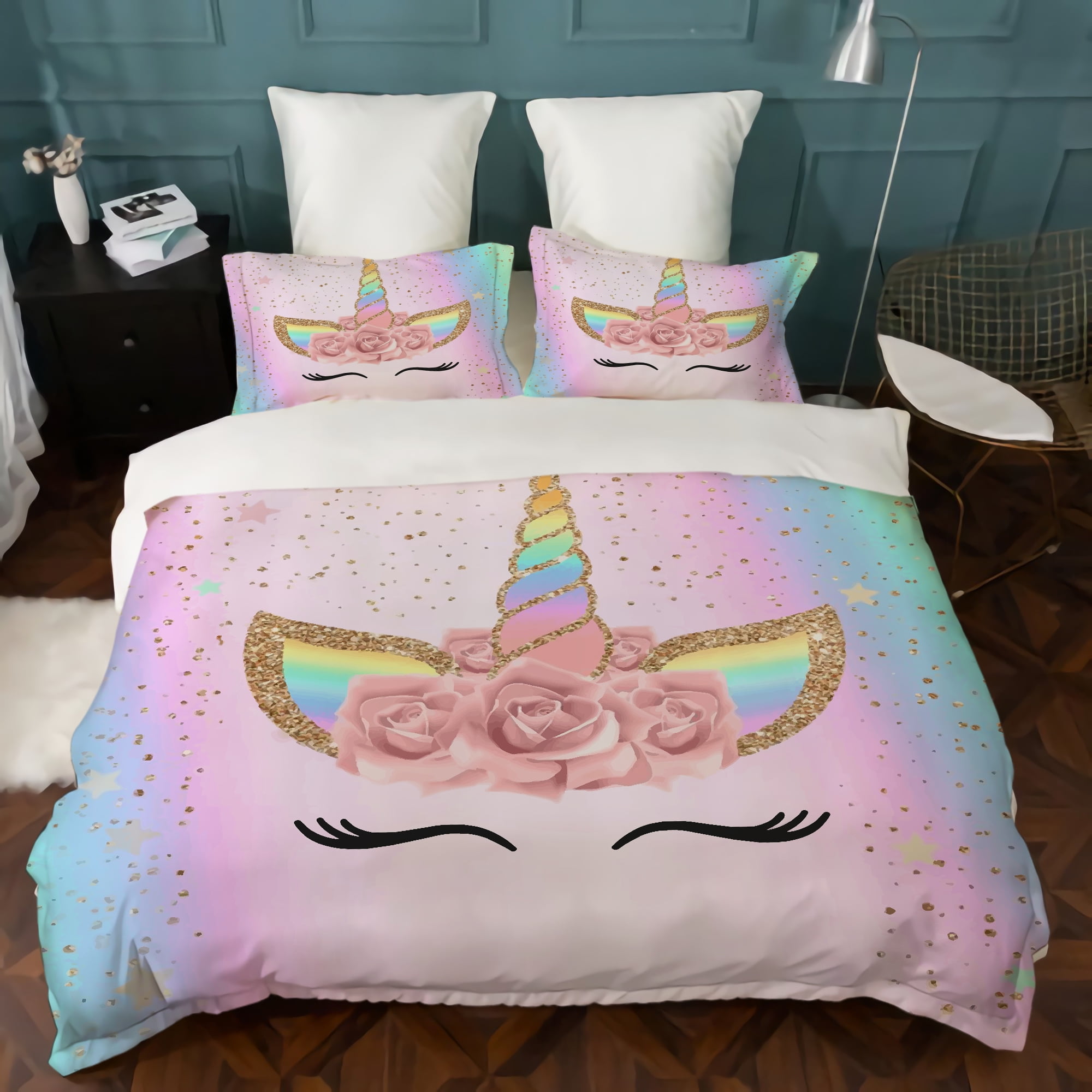 Animal Bedding Set for Kids Pink Unicorns Duvet Cover Set Queen 3