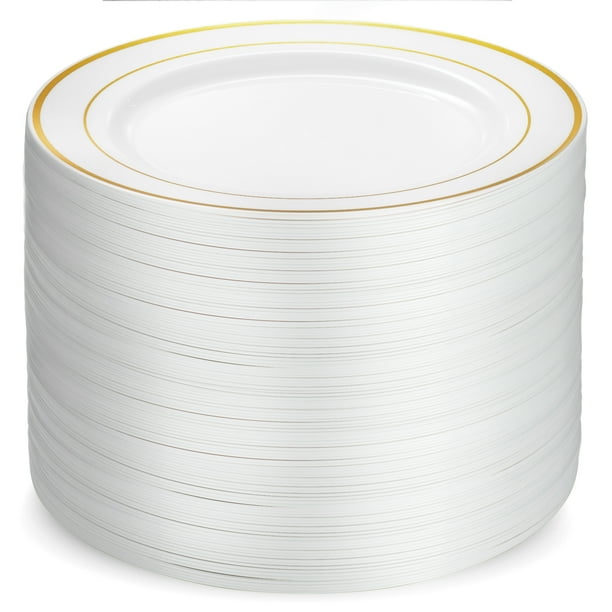 100 Piece Plastic Party Plates White Gold Rim, Premium Heavy Duty 10.25