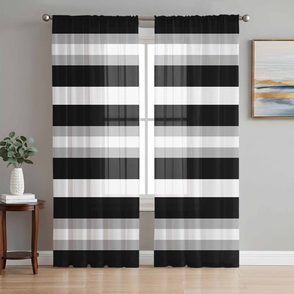 Sheer Curtains 72 Inches Long 2 Panels Set for Bedroom, Black Grey Stripe Semi Sheer Curtains for Windows, Minimalist Farmhouse Striped Voile Window Treatments Rod Pocket Curtain