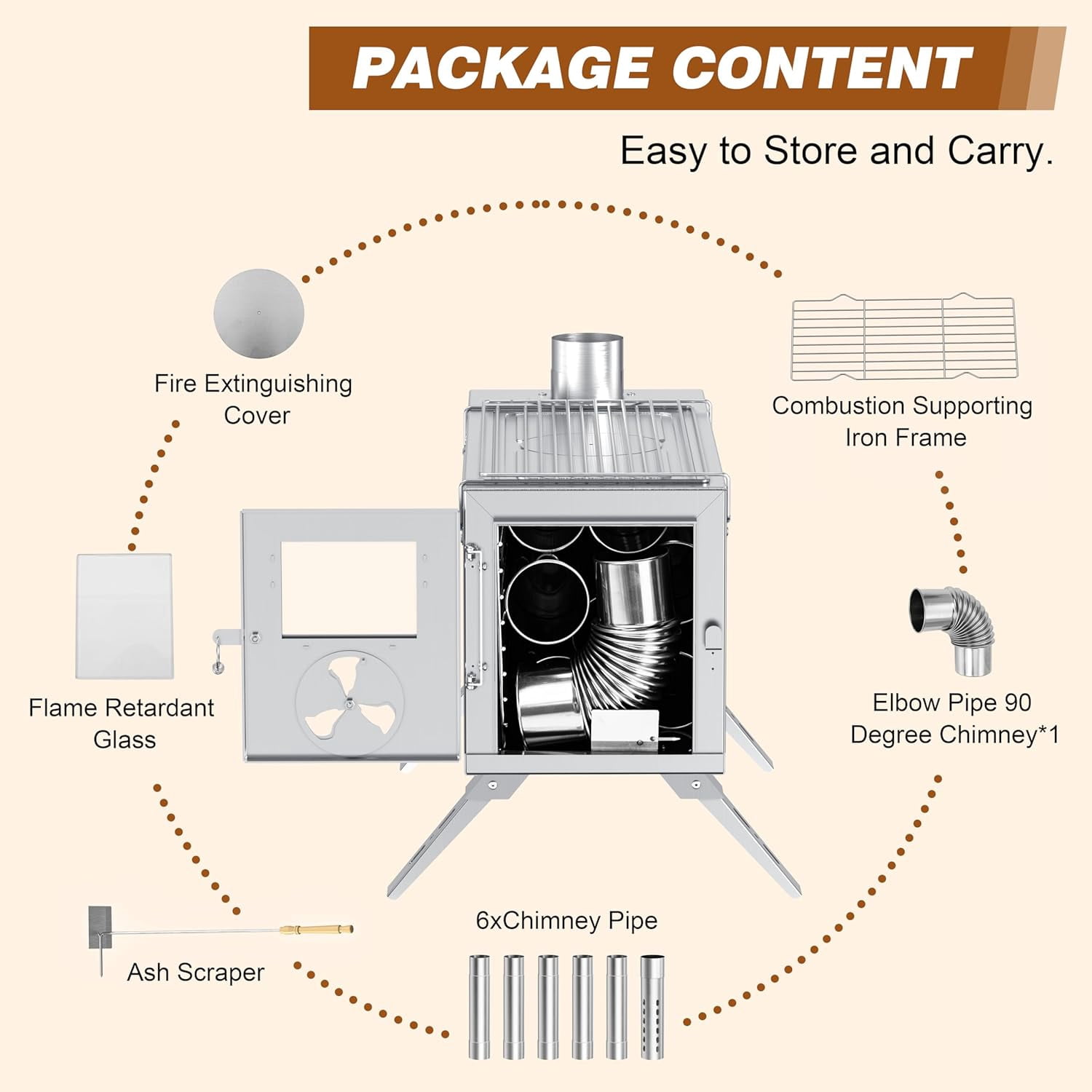 FICISOG Outdoor Wood Burning Stove Portable Camping Wood Stove Stainless Steel Camping Tent Stove with Chimney Pipes, Firebox Hot Camping Cooking Stove for Hiking Backpacking