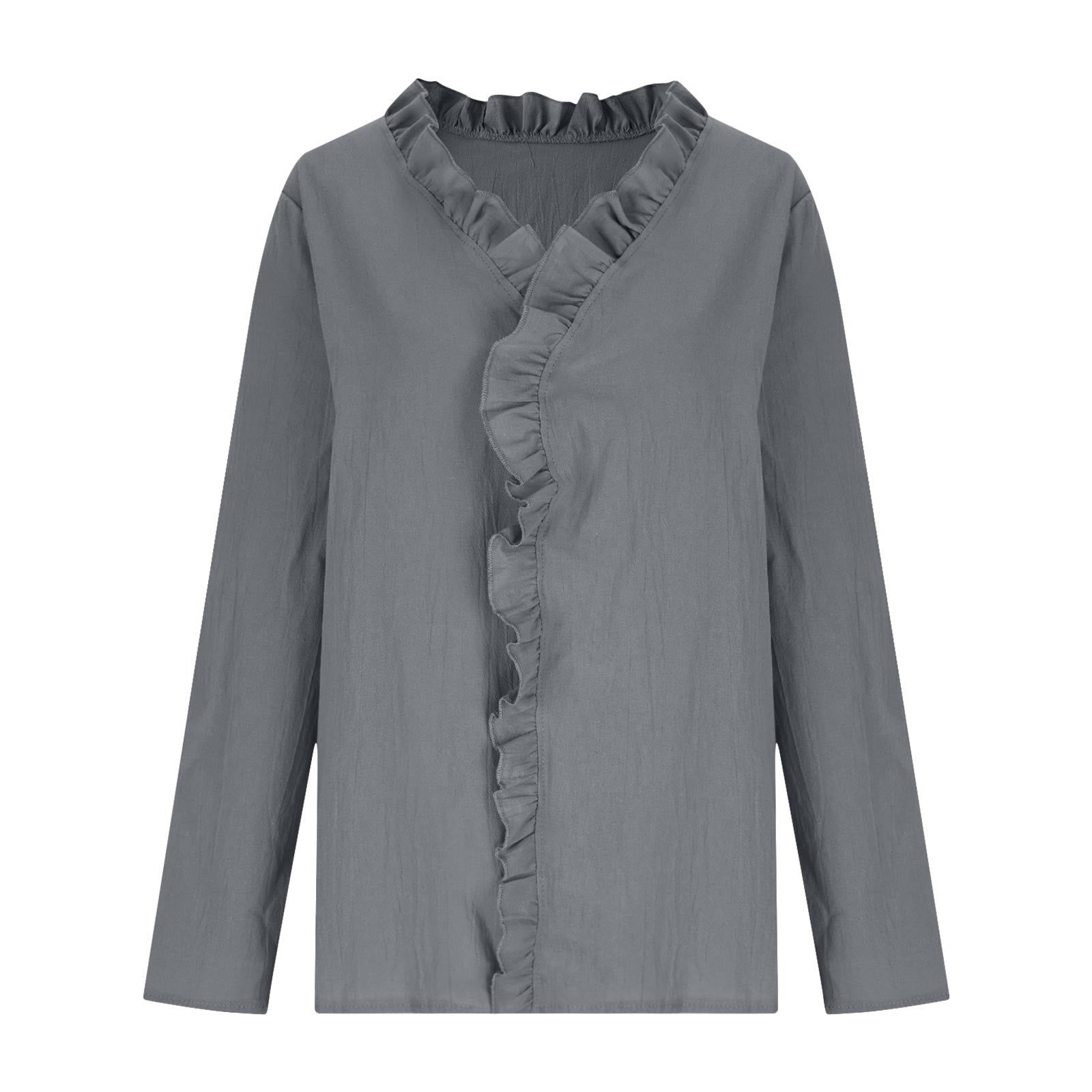 CLANE RUFFLE NECK BLOUSE グレー Wensltd Trendy Cotton Linen Blouses Women Solid Color Long Sleeve