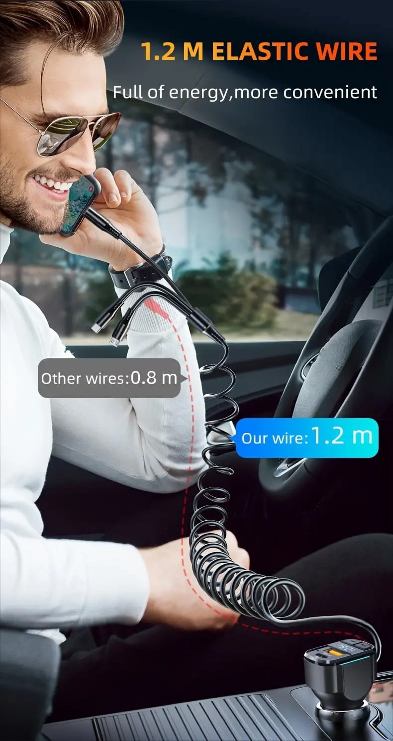 65W USB C Fast Car Charger with PD Quick Charge, Dual Port Cigarette Lighter Car Charger with LED Display, 3 in 1 Elastic Charging Cable, for iPhone and Android