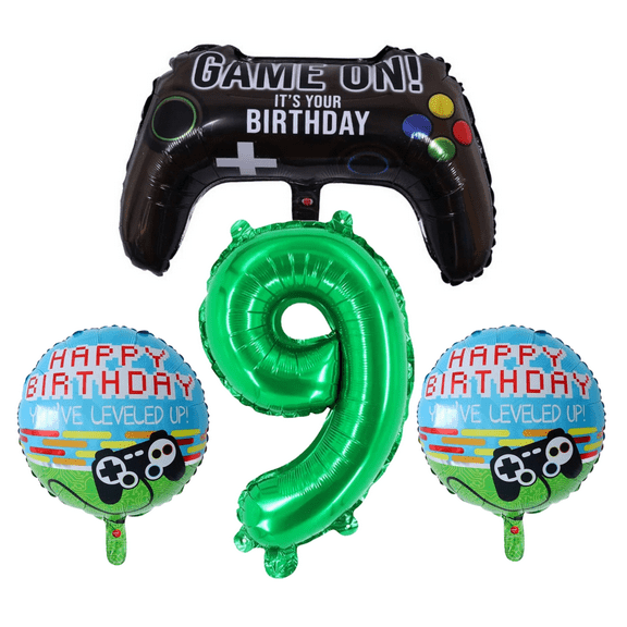 Gamer Level 9 Birthday Party Foil Balloons Set Green Black Kids
