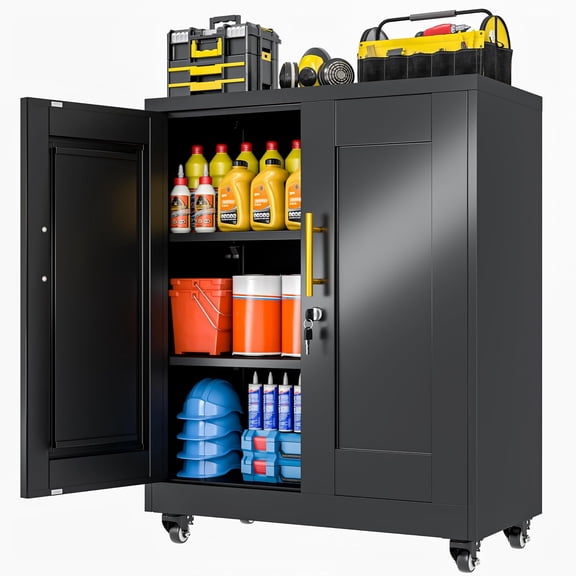 36" Metal Garage Storage Cabinet with Lock and Wheels,Rolling Tool File Steel Locker Organizer, Locked Home Office Storage Cabinets with and 2 Adjustable Shelves for Kitchen,Bathroom,School,Black