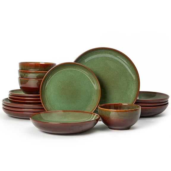 Pokini 16-Piece Stoneware Dinnerware Sets, Plates and Bowls Sets for 4, Dish Sets with Double Bowl,Brown Green
