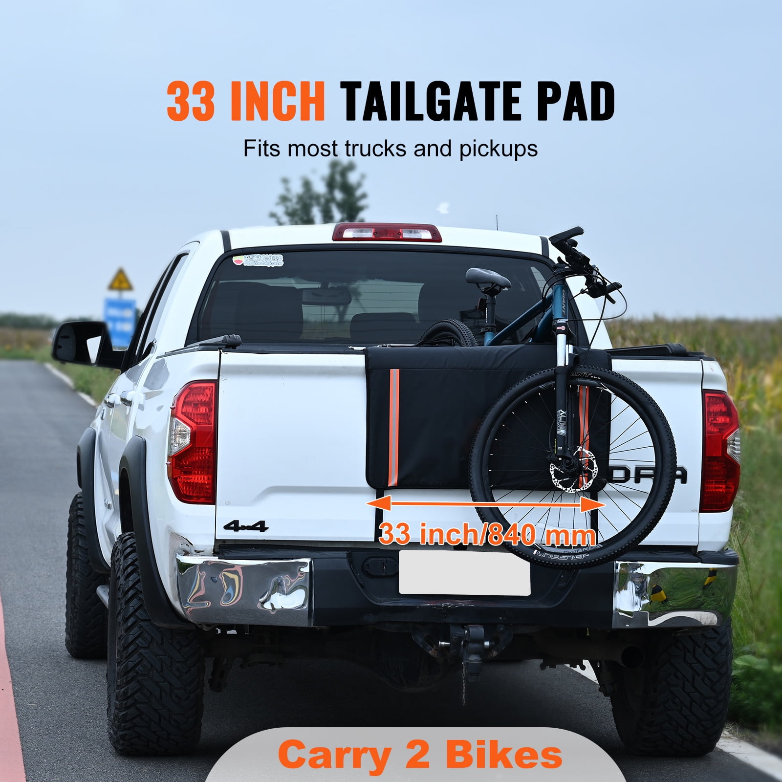 KFFKFF Tailgate Bicycle Carrier, 33" Pad for Truck Tailgate, Supports 2 Mountain Bikes, Includes Reflective Accents and Gear Pocket, Fits Compact Pickup Trucks