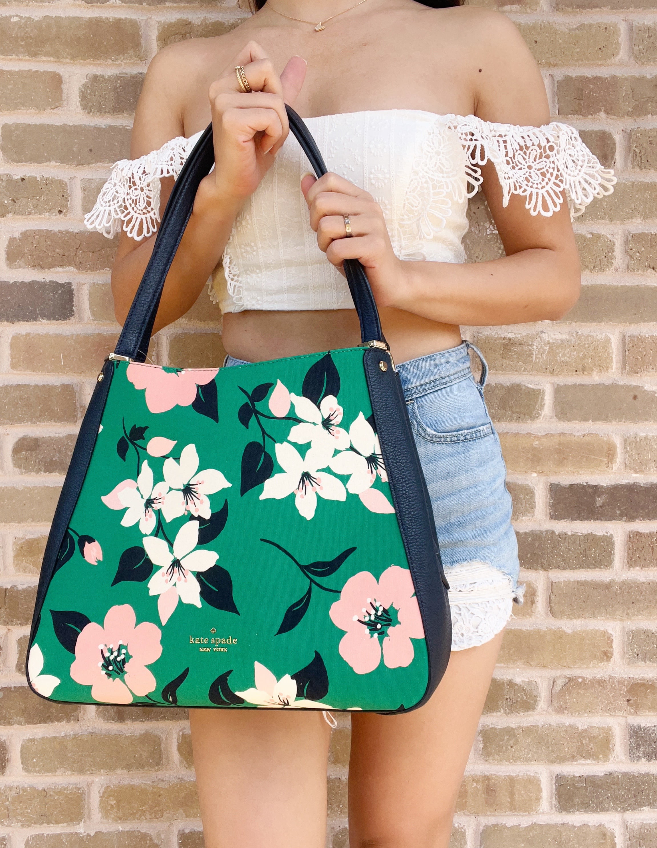 Kate Spade Leila Medium Triple Compartment Shoulder Bag Green Lily Bloom  Floral 