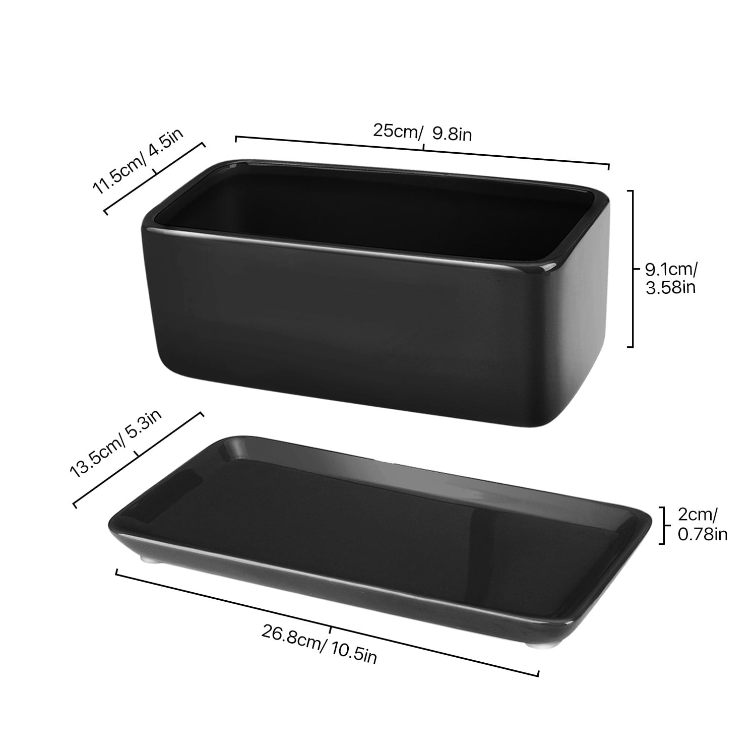 10 Inch Rectangular Ceramic Succulent Planter Pot - Cactus Herb Flower Container Window Box Holder with Removable Drip Tray Base for Tabletop Desktop Indoor Outdoor Home Office Garden (Black)